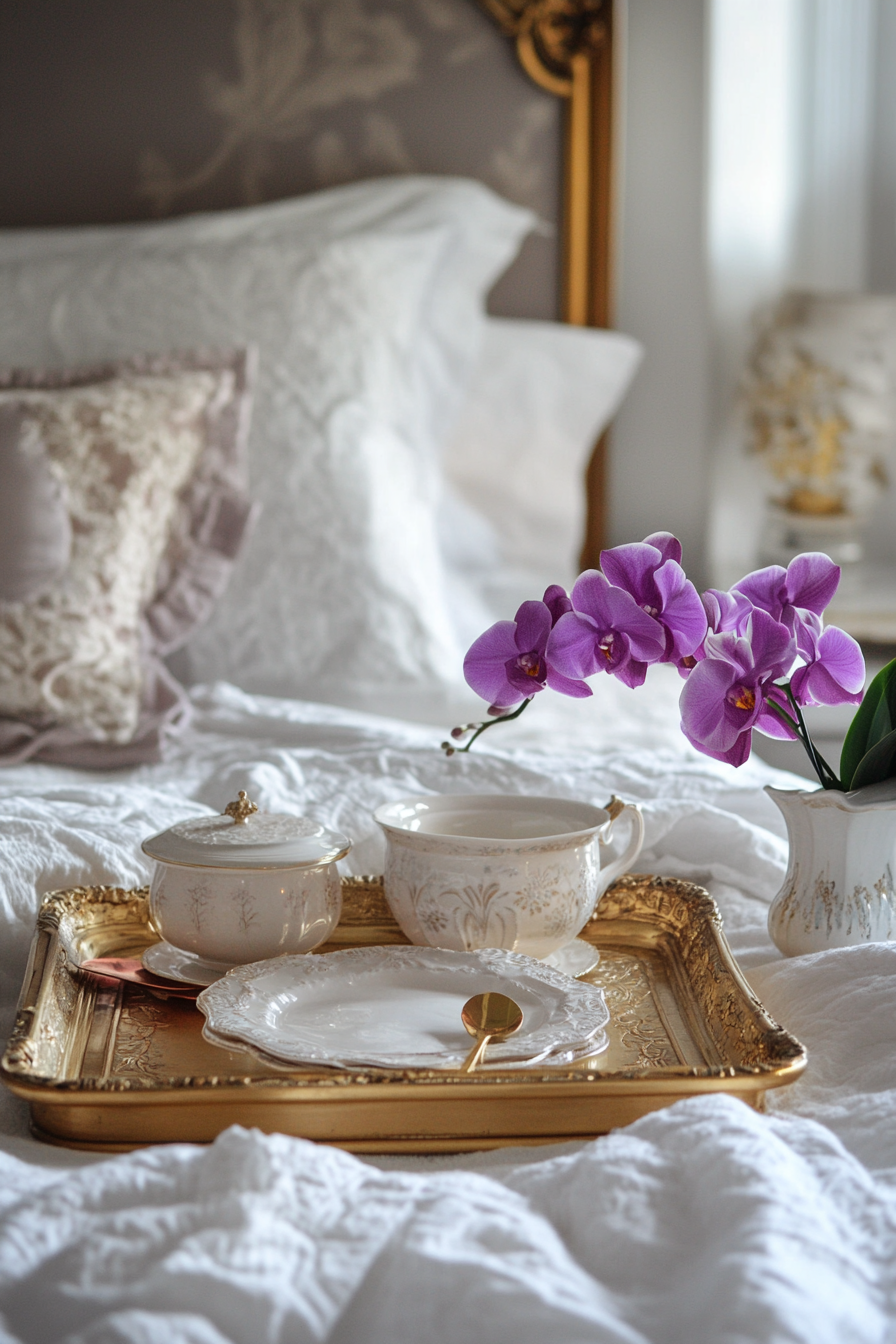 Bedside setup. Gold vintage trays, porcelain servingware, and purple orchid arrangement.