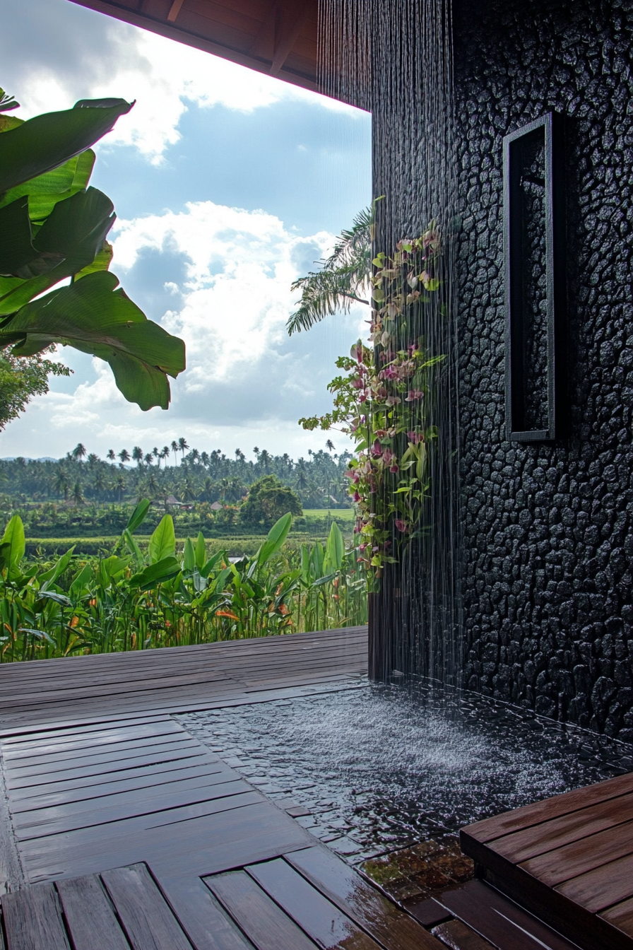 Outdoor shower. Black lava stone walls, teak platform, living orchid wall, rice paddy view.