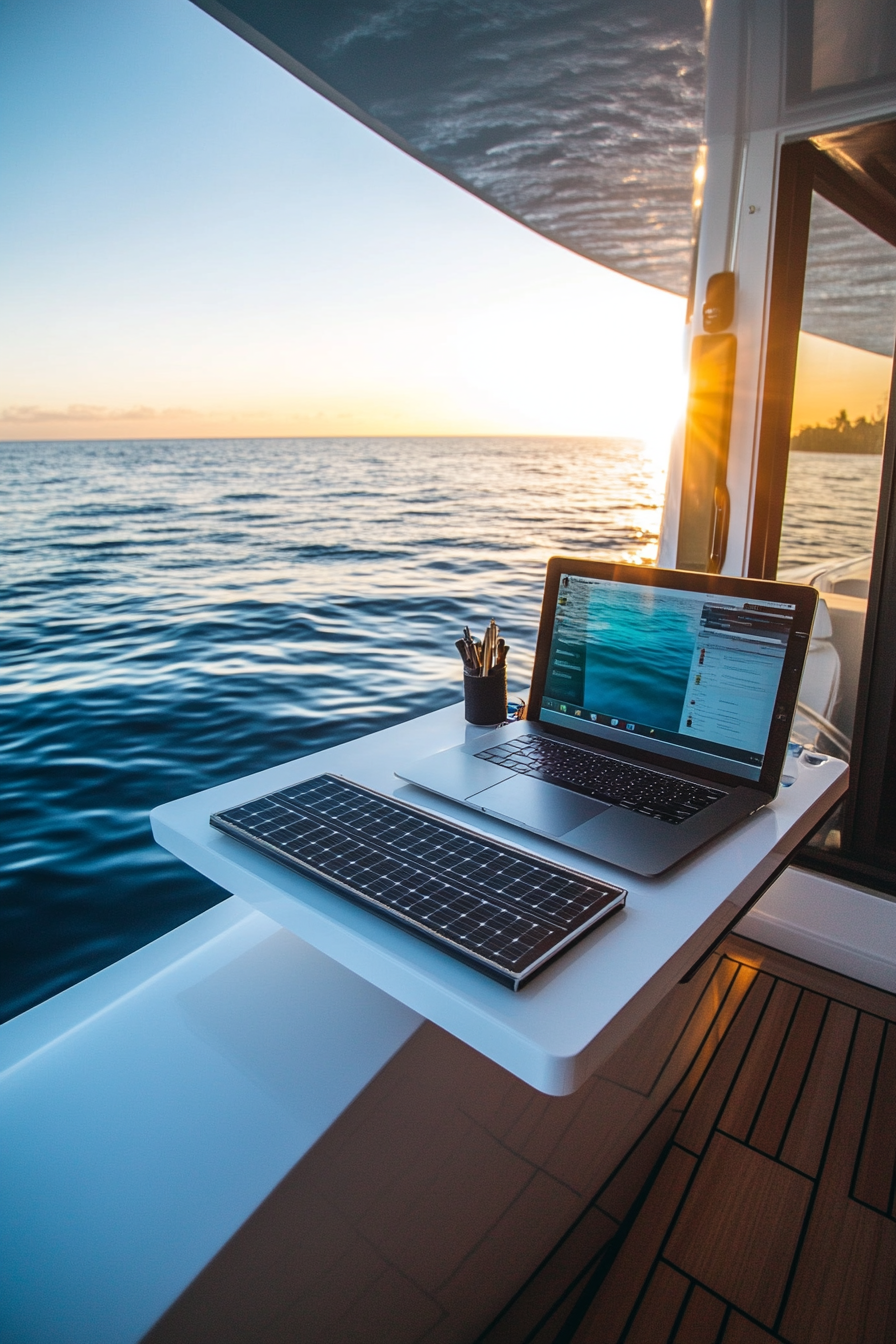 Mobile office. Convertible workstation on an autonomous solar-powered boat with an ocean-view desk.