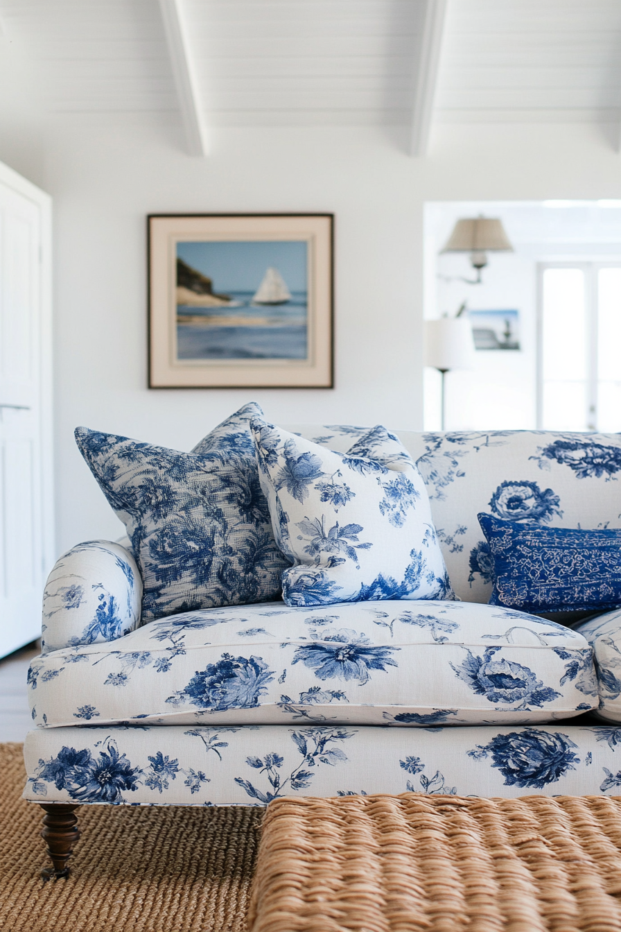 Coastal living space. Vintage floral sofa with blue chinoiserie throw pillows and a woven rug.