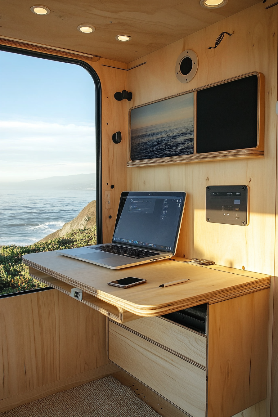 Flexible mobile office. Convertible maple workstation with solar-powered tech and ocean-view desk setup.