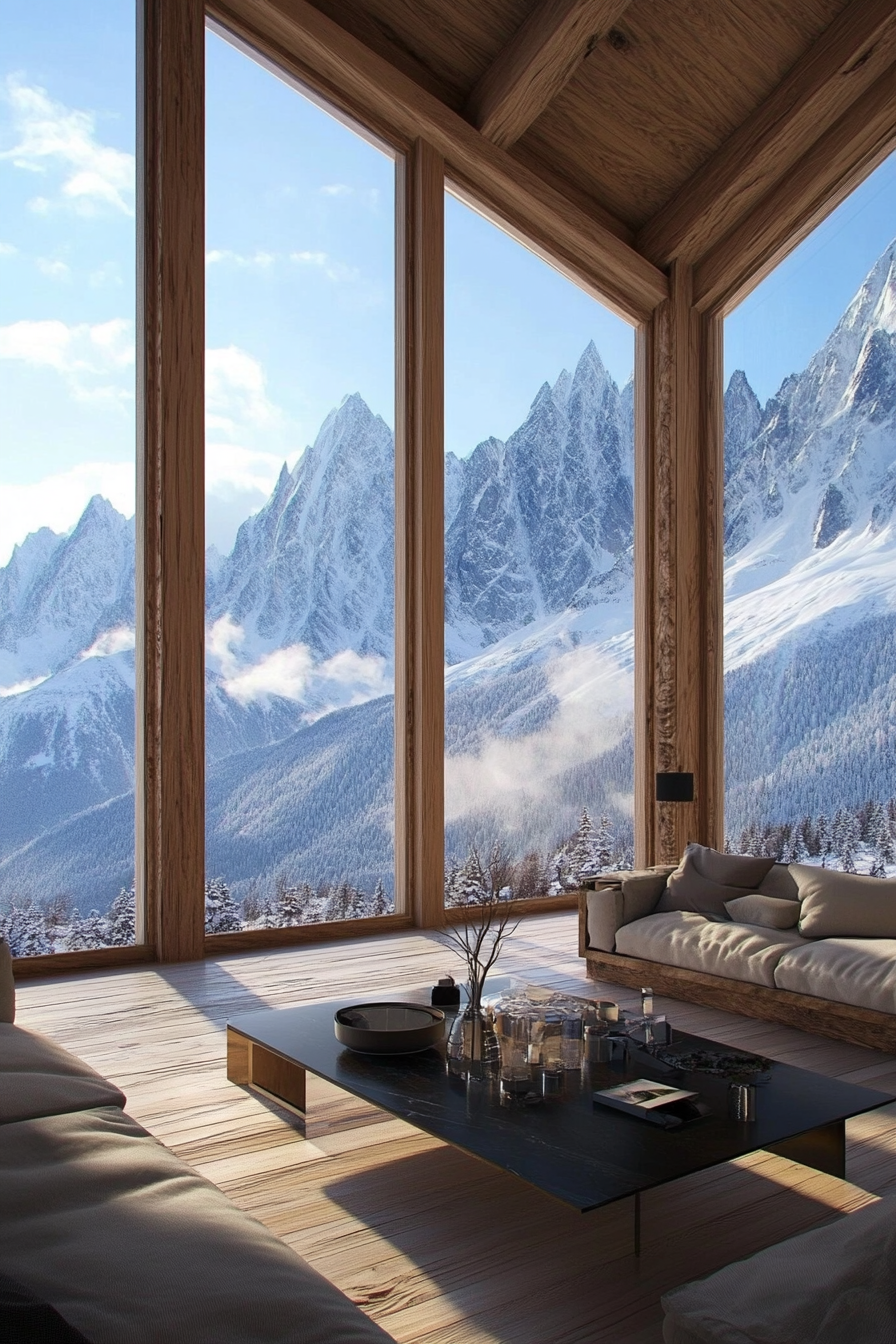 Contemporary Alpine living. Chalet with floor-to-ceiling windows overlooking snow-capped mountains.