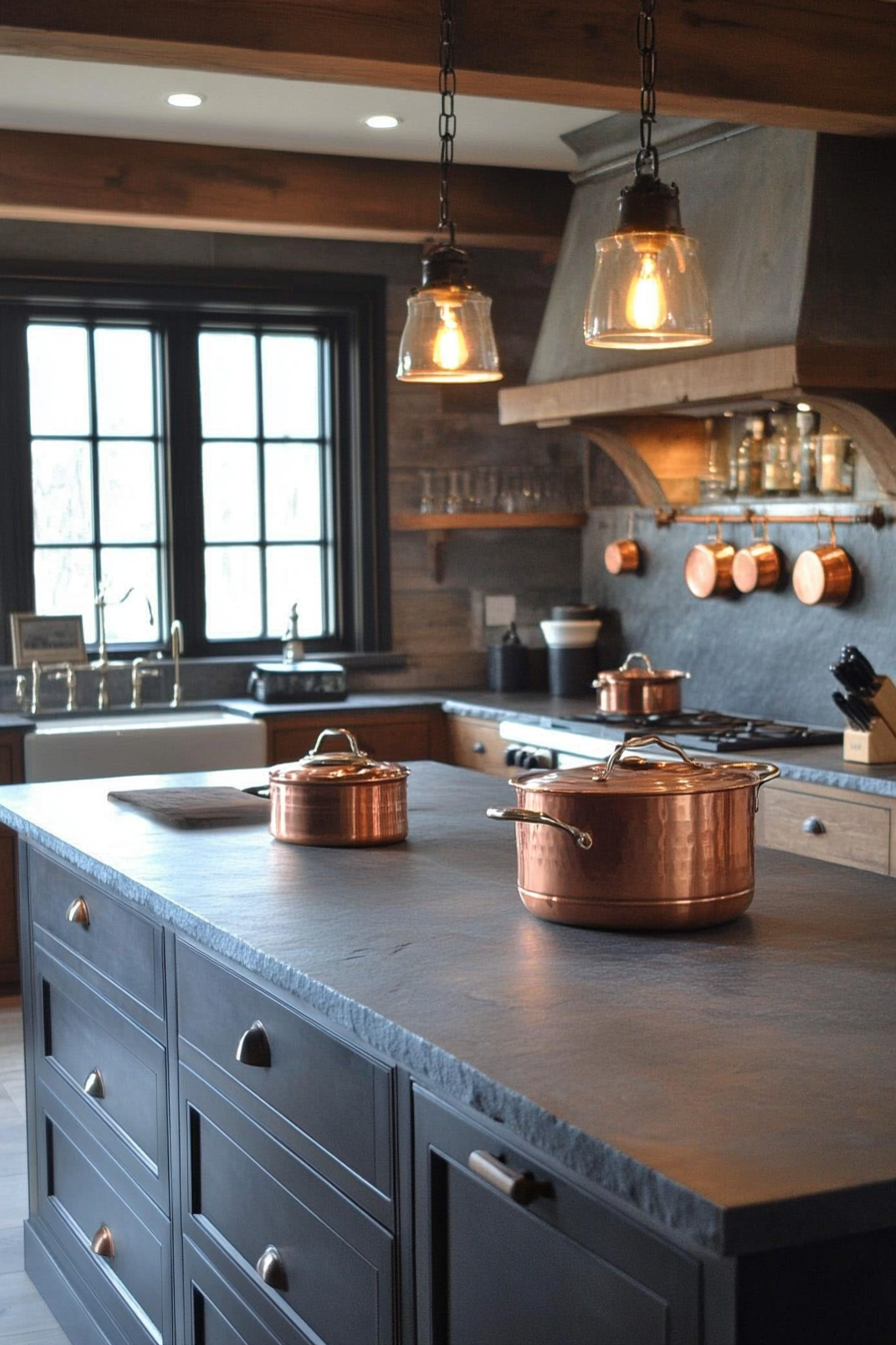 Kitchen. Soapstone countertop with molten copper pots and pendants.