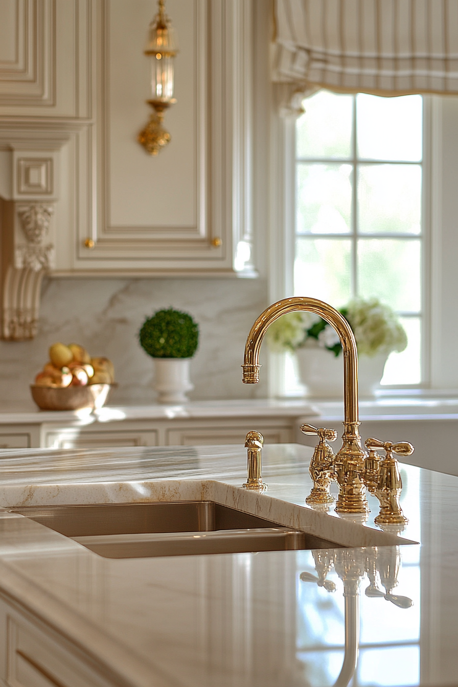 Premium kitchen design. Polished marble countertops with gold-plated faucets.