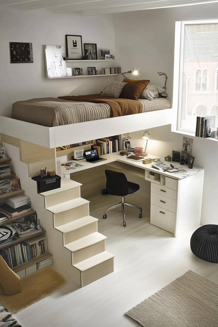 Minimal living space. Loft bed with pull-out study desk and clutter-free shelves.