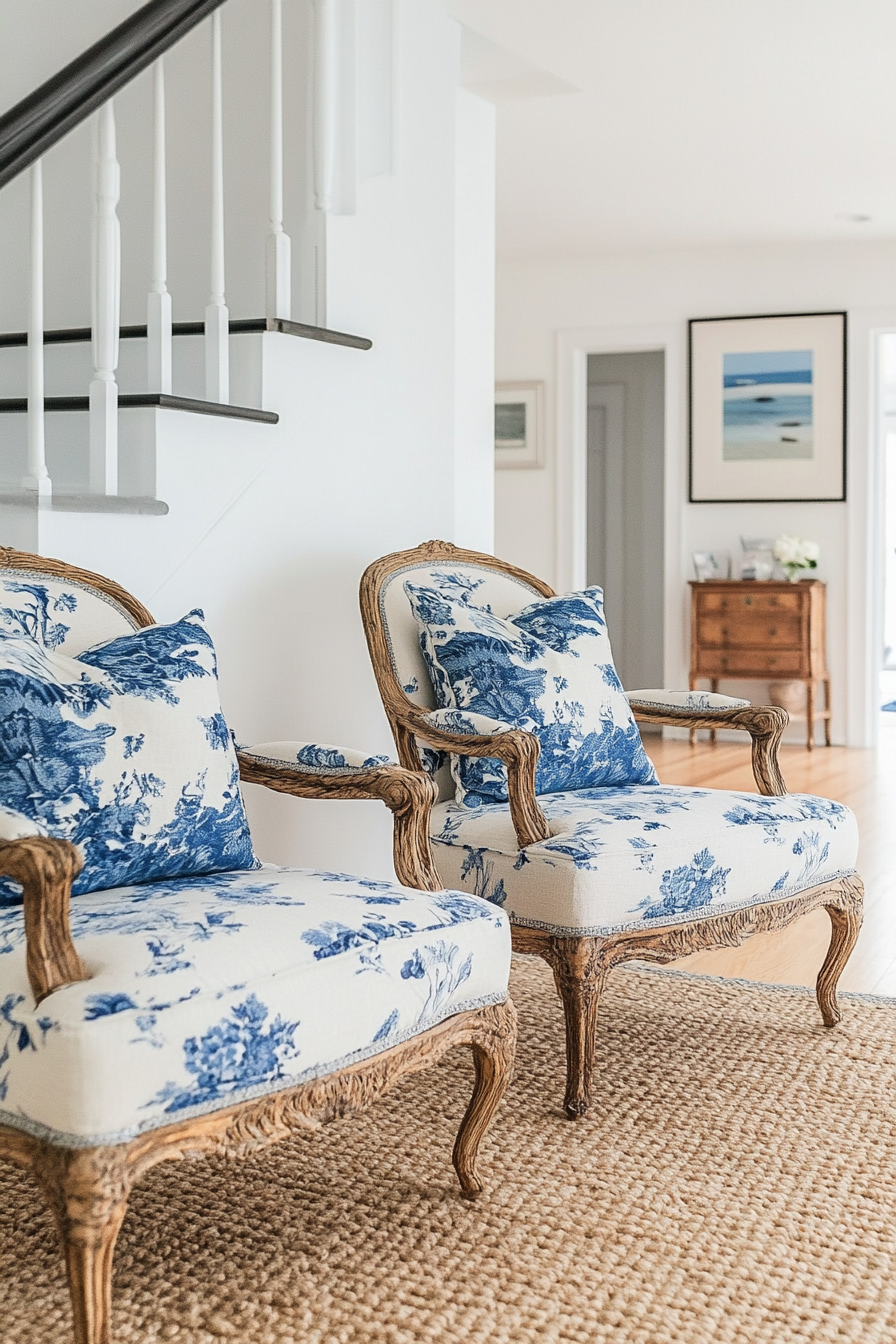 Coastal living space. Vintage floral armchairs with blue chinoiserie cushions near a woven rug.