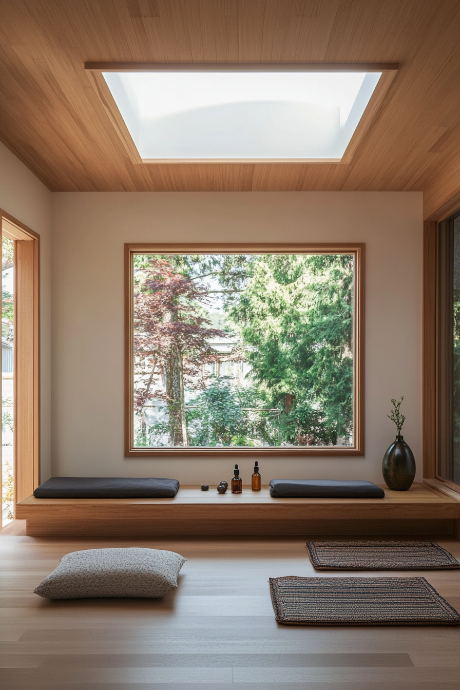 Compact meditation space. Built-in bamboo bench under skylight with oil diffuser station and floor cushion storage.