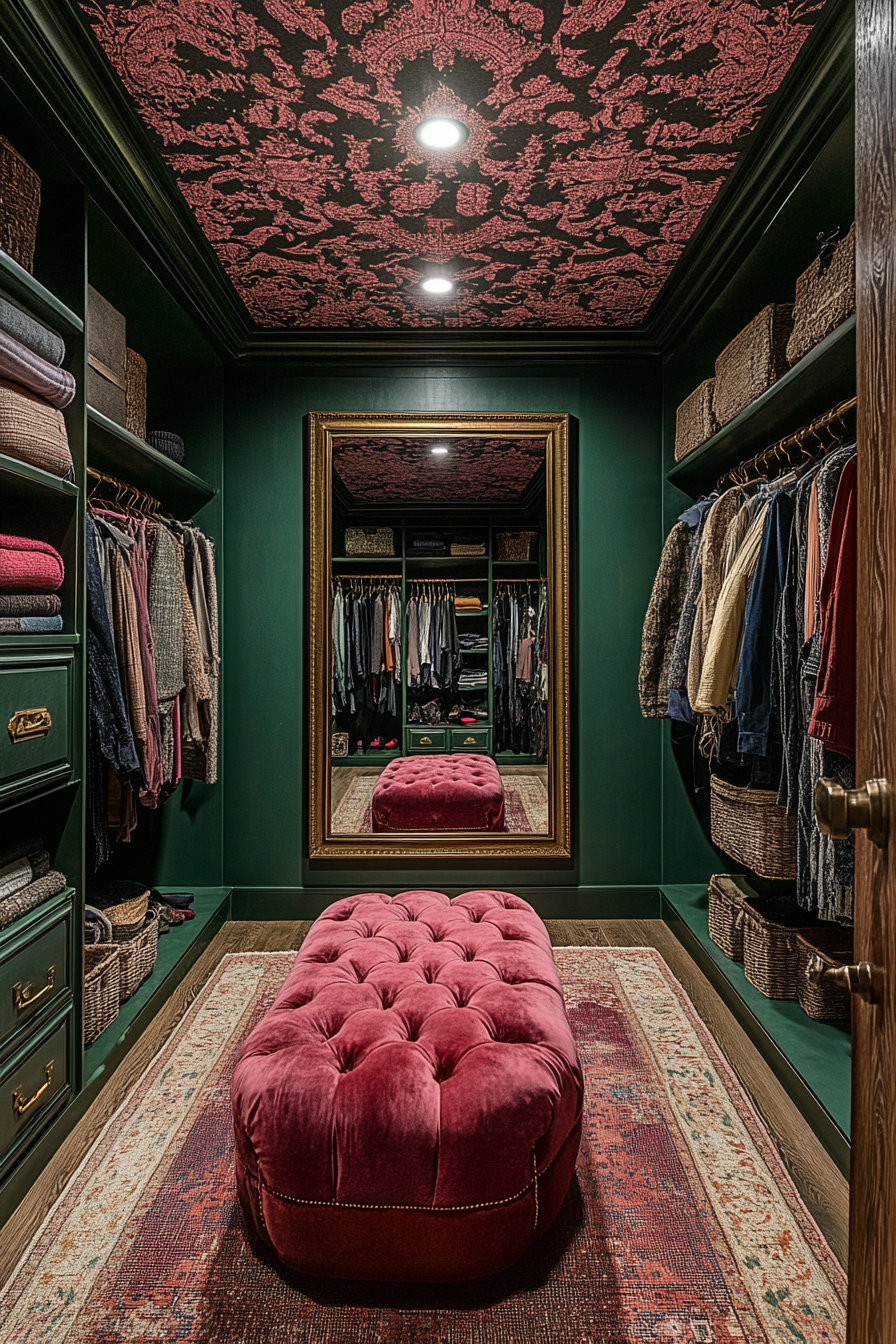 Walk-in closet. Emerald walls, textural damask wallpaper ceiling, ruby velvet ottoman, smart mirror in brass frame.