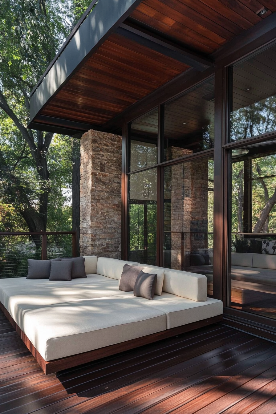 Modern enclosed porch. Dark wooden flooring, cream-colored contemporary sofa, glass walls.