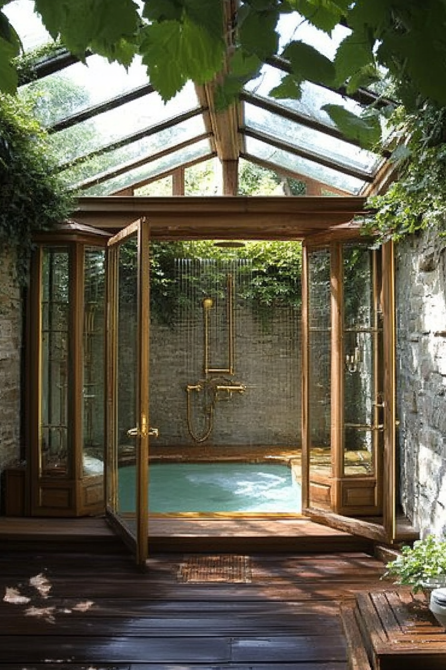 Pool house. Indoor teak shower under glass ceiling with gold fixtures