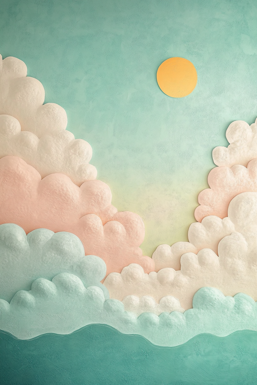 Baby room mural. Pastel-colored clouds with a sun peeking through.