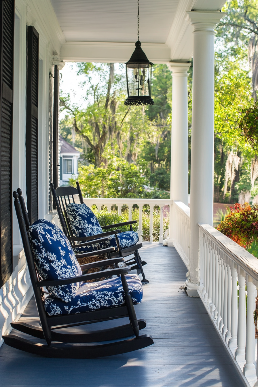 Front porch design. Traditional rocking chairs with bold blue cushions.