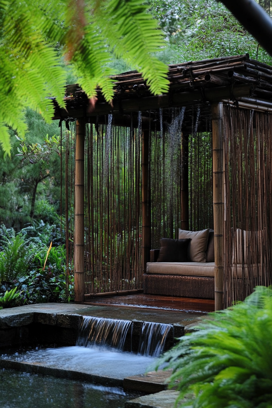 Backyard garden retreat. Bamboo pavilion with hanging ferns.