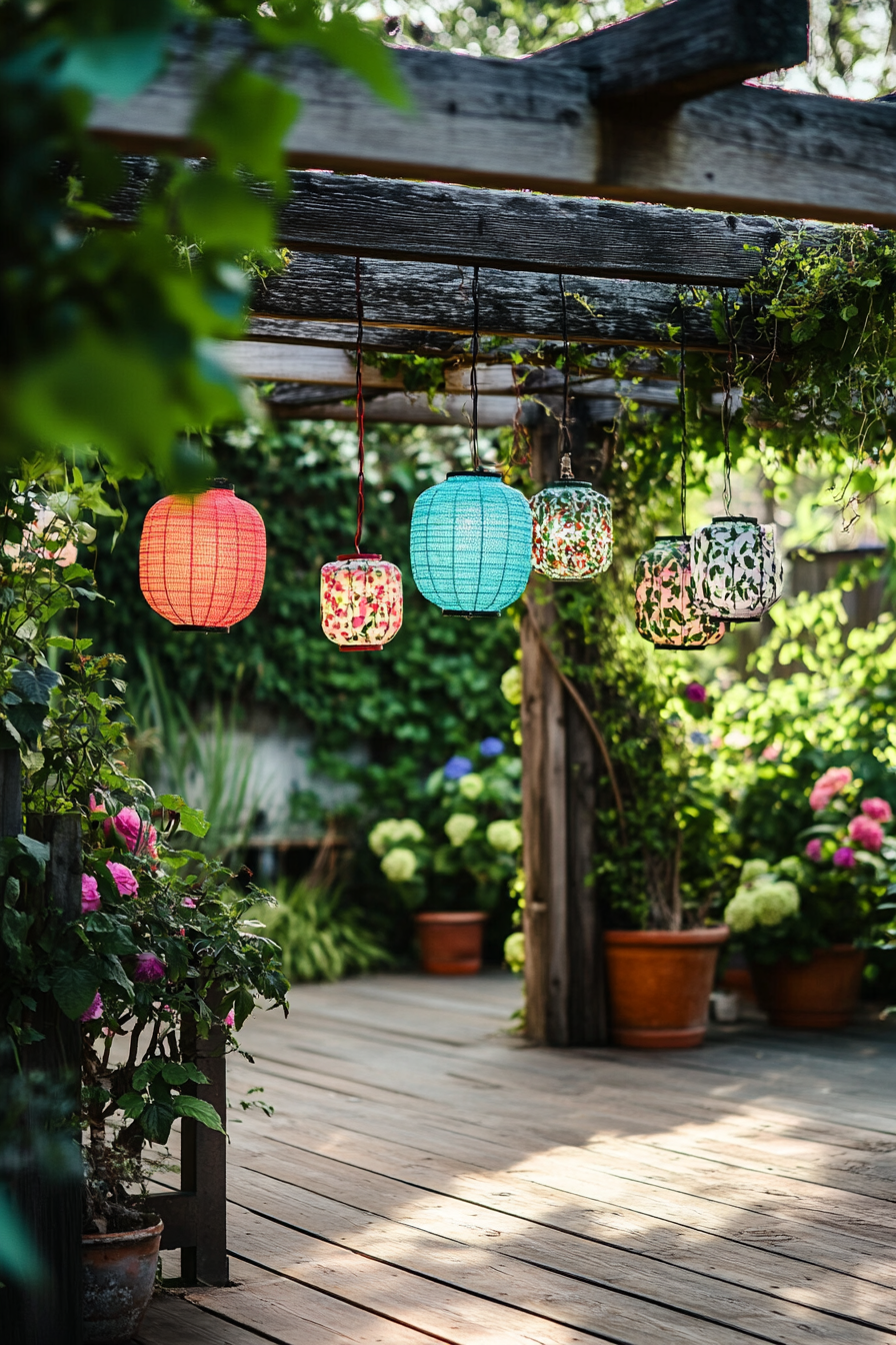 Backyard garden retreat. Wooden pergola decorated with colorful hanging lanterns and ivy.