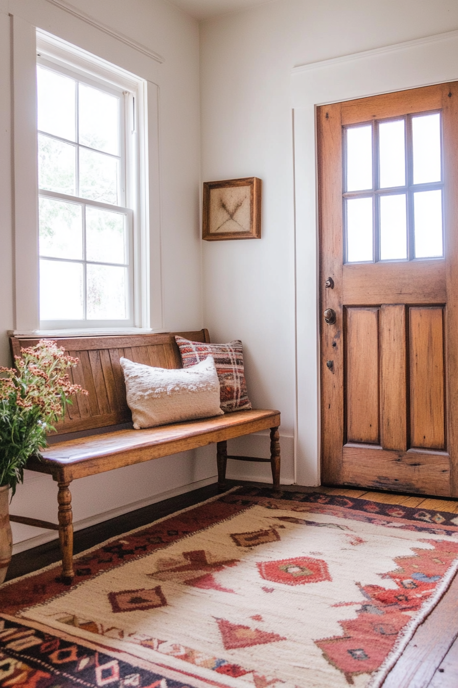 Maximalist-Minimalist Entryway. Large geometric rug with small, unvarnished wooden bench.