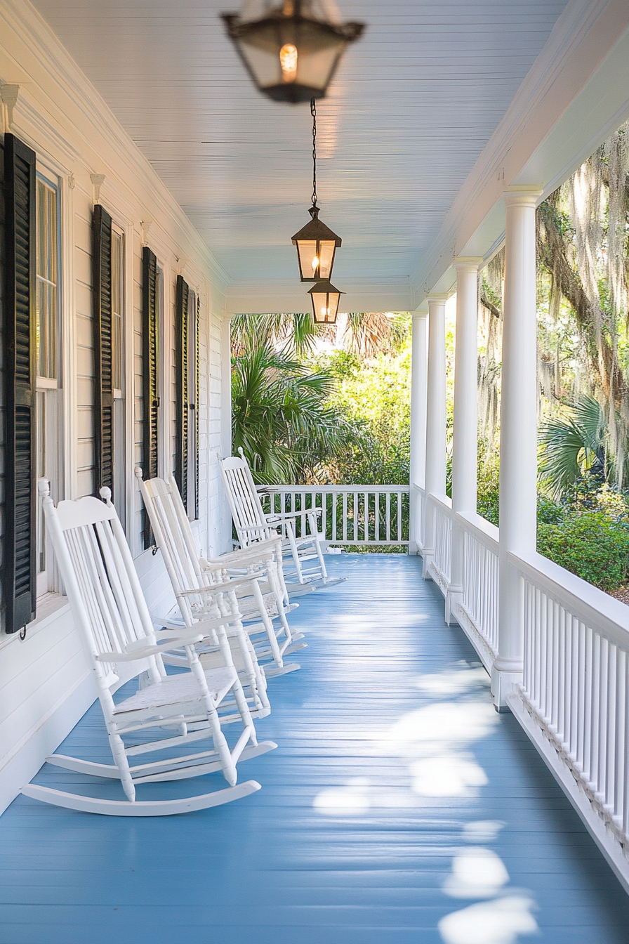 Front porch design. Pale blue floor with white rocking chairs.