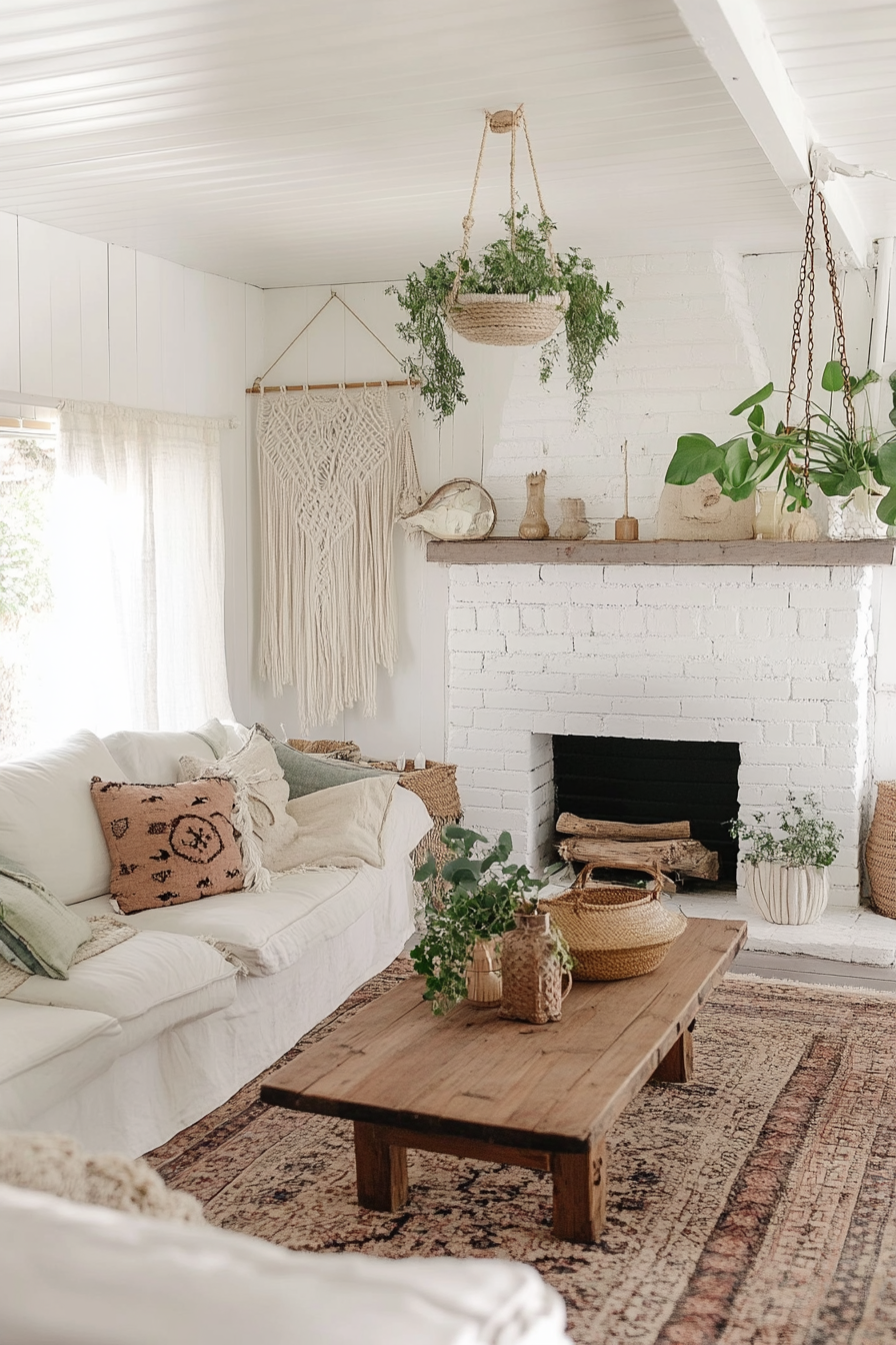 Boho-Farmhouse living space. Whitewashed brick hearth with macrame plant hangings.