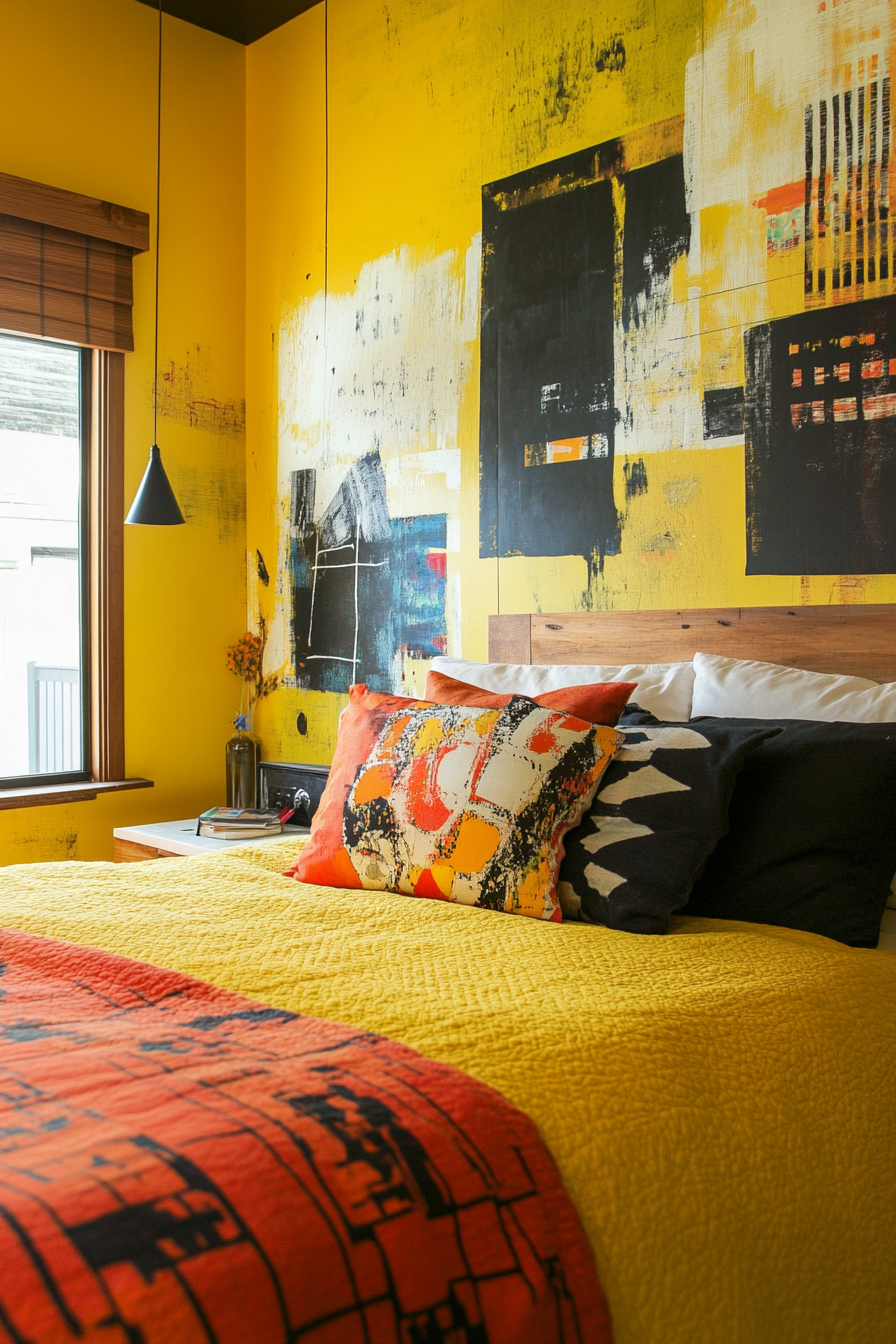 Bedroom design. Mustard yellow walls with abstract murals.