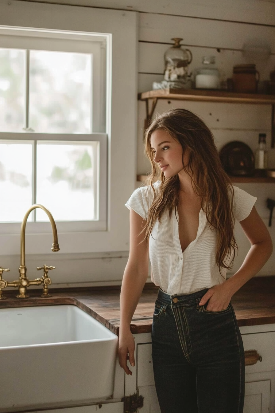 Vintage-modern laundry room. Brass hardware and farmhouse sink.