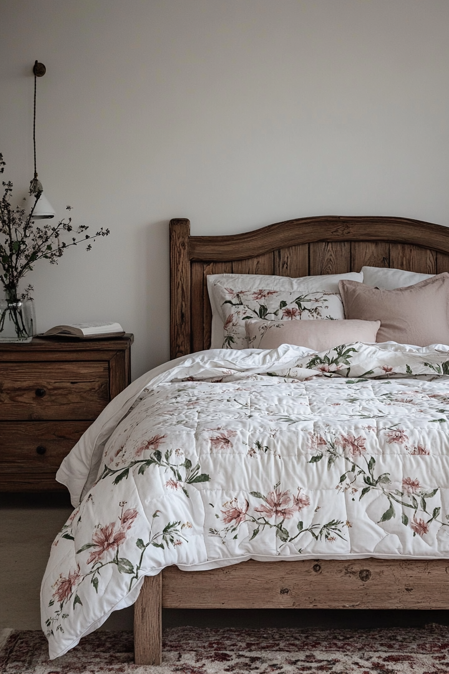 Cottagecore-Industrial bedroom. Distressed wooden bedframe with quilted floral comforter.