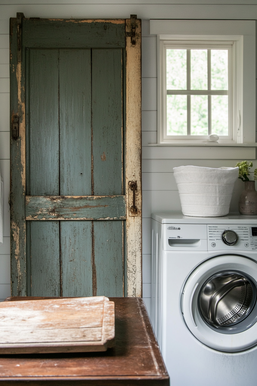 Vintage-modern laundry room. Antique washboard and modern washing machine.