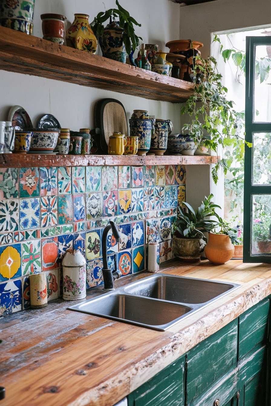 Bohemian kitchen style. Wooden countertops with colorful tile backsplash.