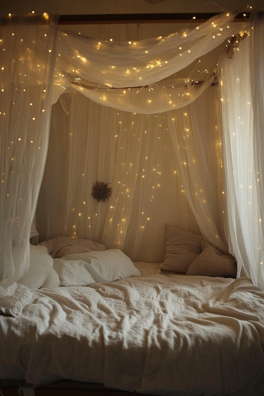 Bedroom design. Low platform bed with a canopy and fairy lights.