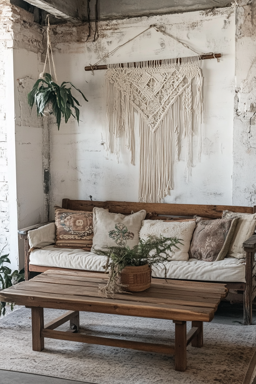 Farmhouse living space. Boho macramé wall decor and distressed wooden furniture.