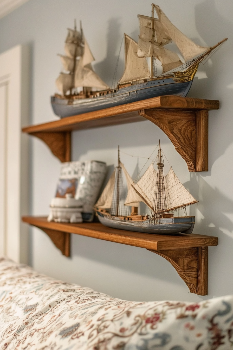 Bedroom design. Wall-mounted shelves with nautical theme decor.