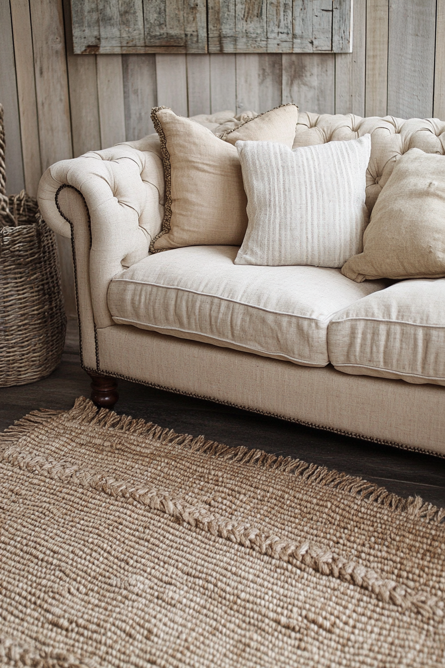 Boho-Farmhouse living space. Neutral-toned chesterfield sofa with woven jute area rug.