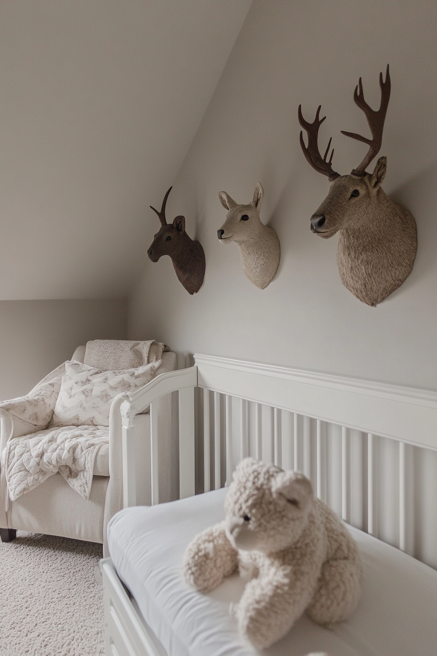 Contemporary baby room. Neutral color scheme with wall-mounted animal heads.