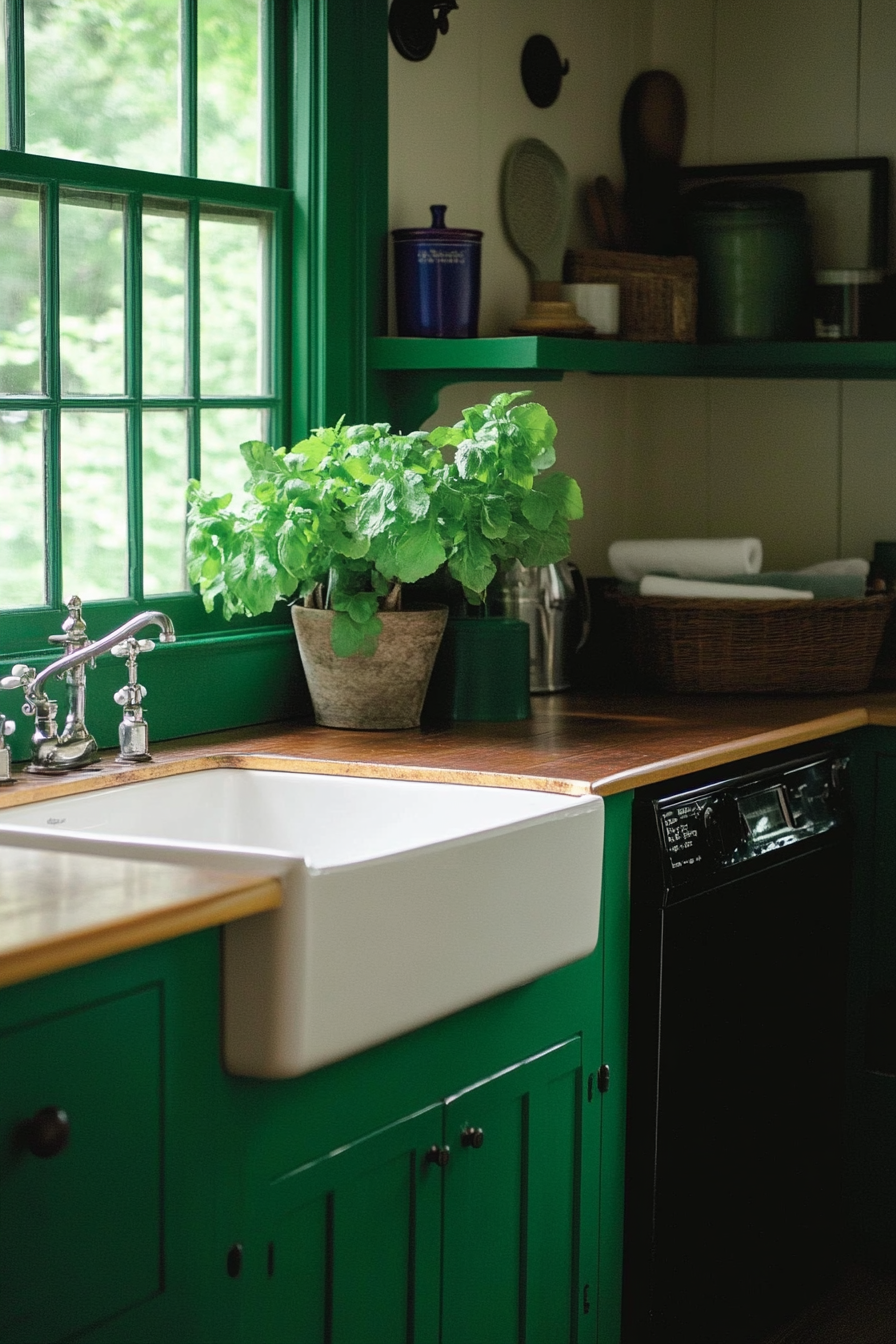 Vintage-modern laundry room. Emerald green cabinets, a white farmhouse sink, and black retro appliance.