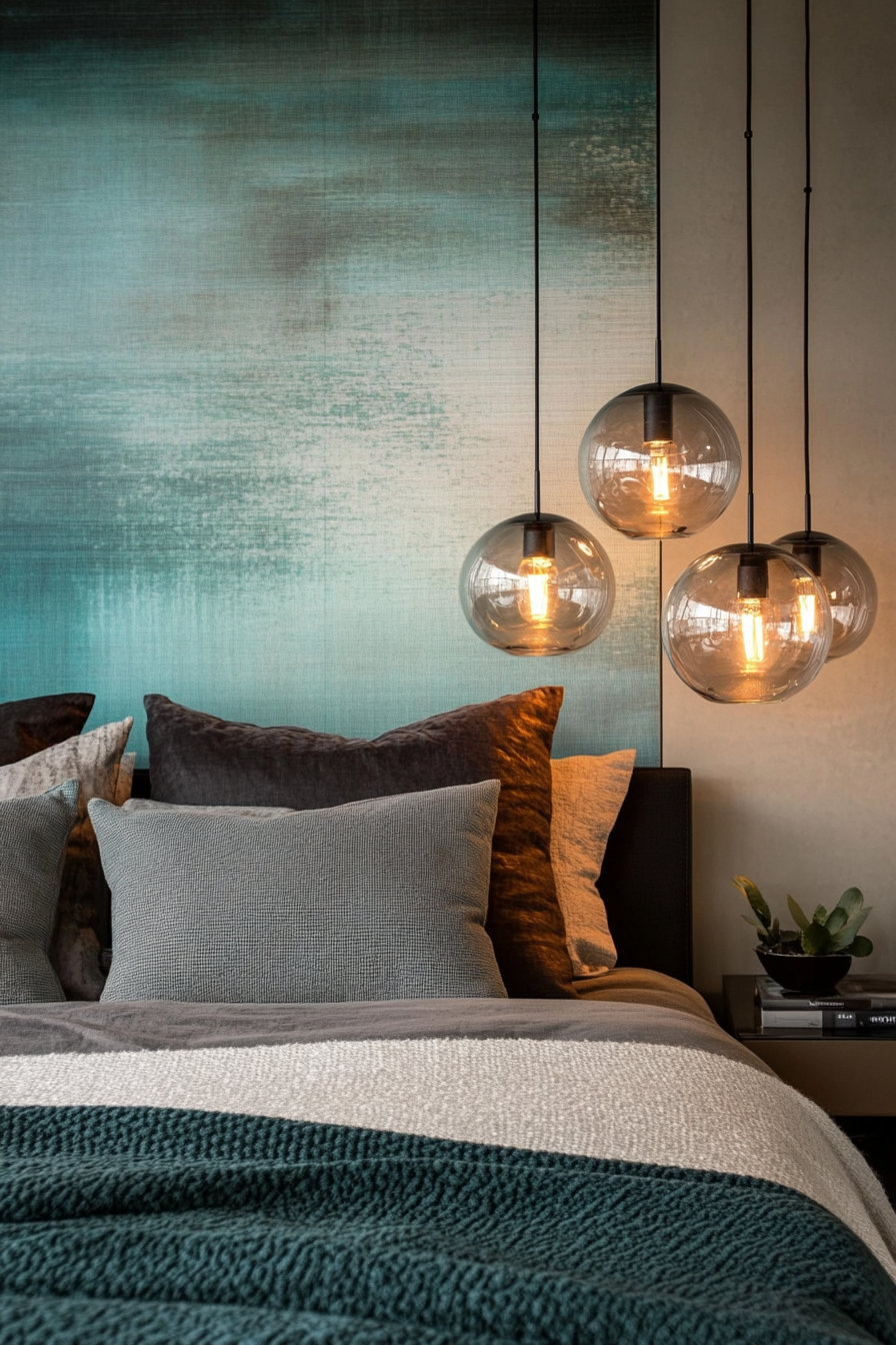 Bedroom design. Ombré wall with spherical glass pendant lights.