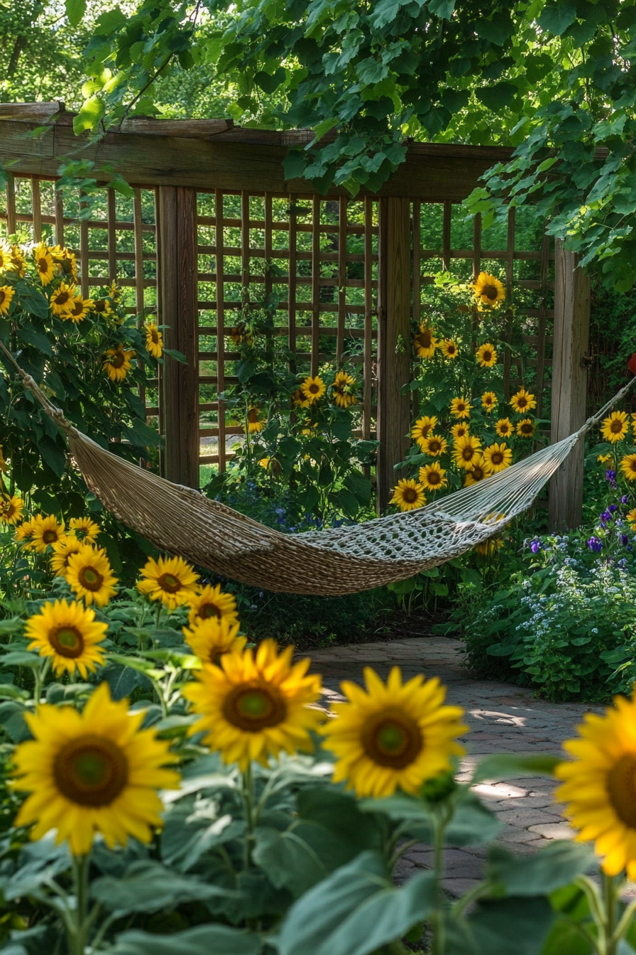 Backyard garden retreat. Hammock nestled among sunflower-studded trellis walls.