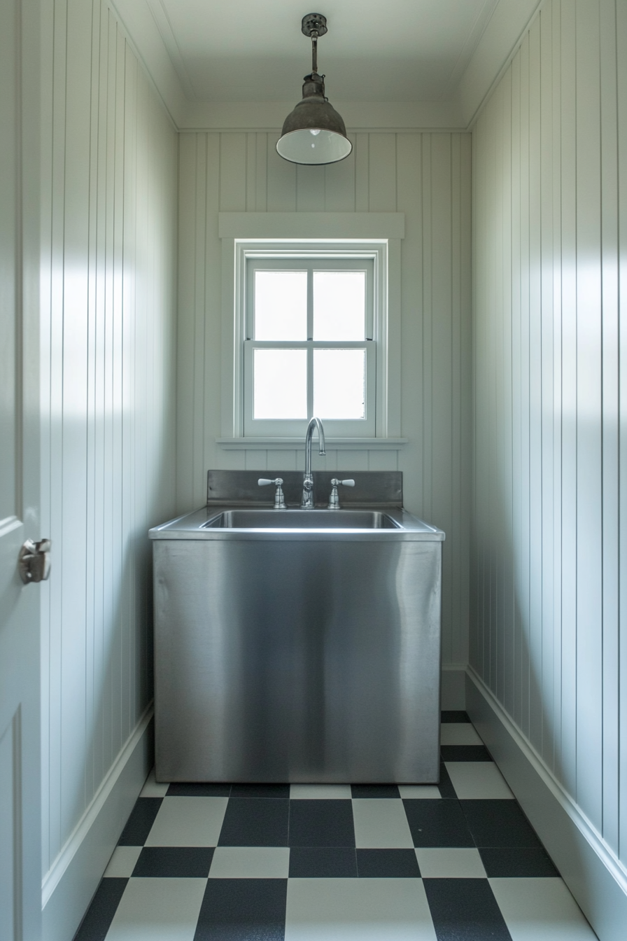 Vintage-Modern laundry room. Steel utility sink with checkerboard floor.