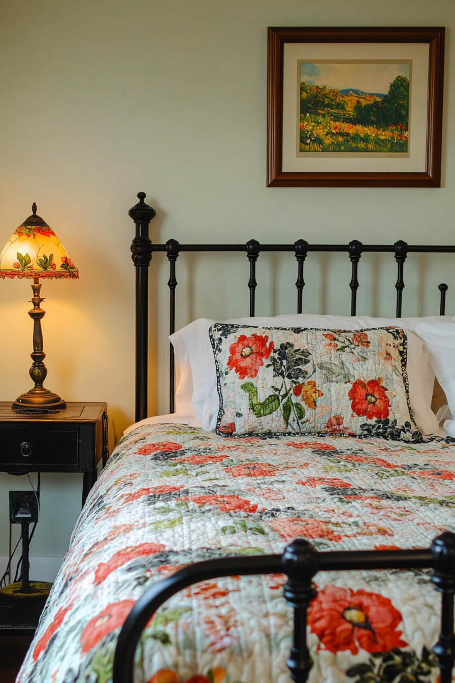 Bedroom. Black steel bed frame with floral quilt.