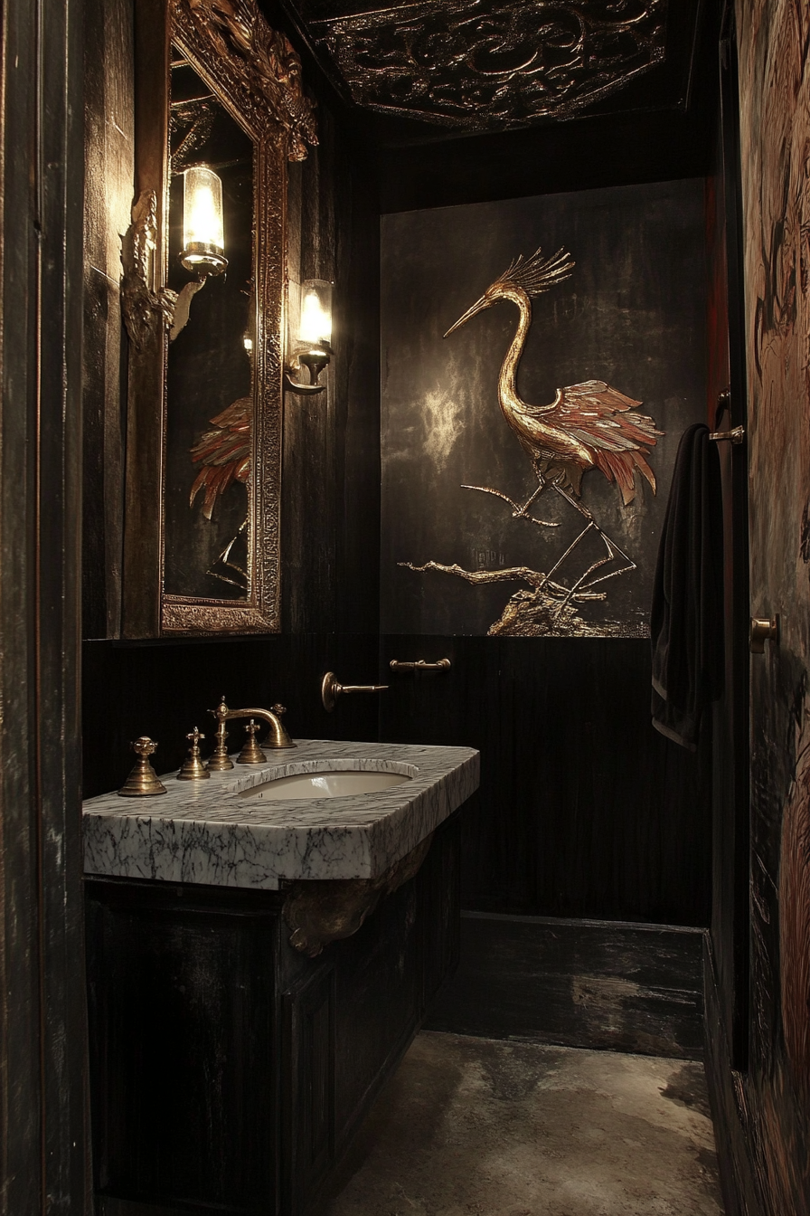 Glam-Rustic Bathroom. Marble sink with vintage gold crane.