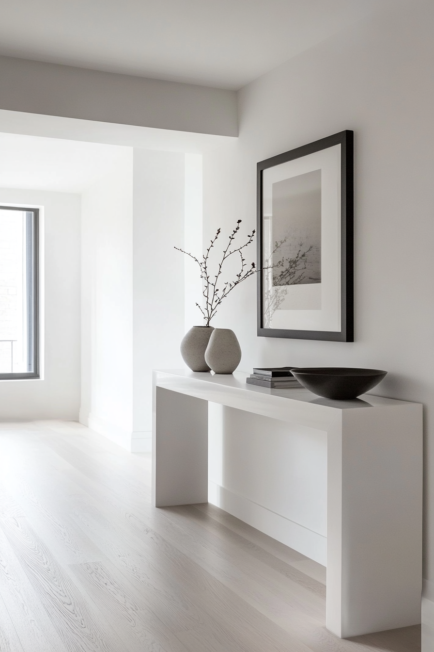 Entryway. Minimalist design with a lacquered white console table.