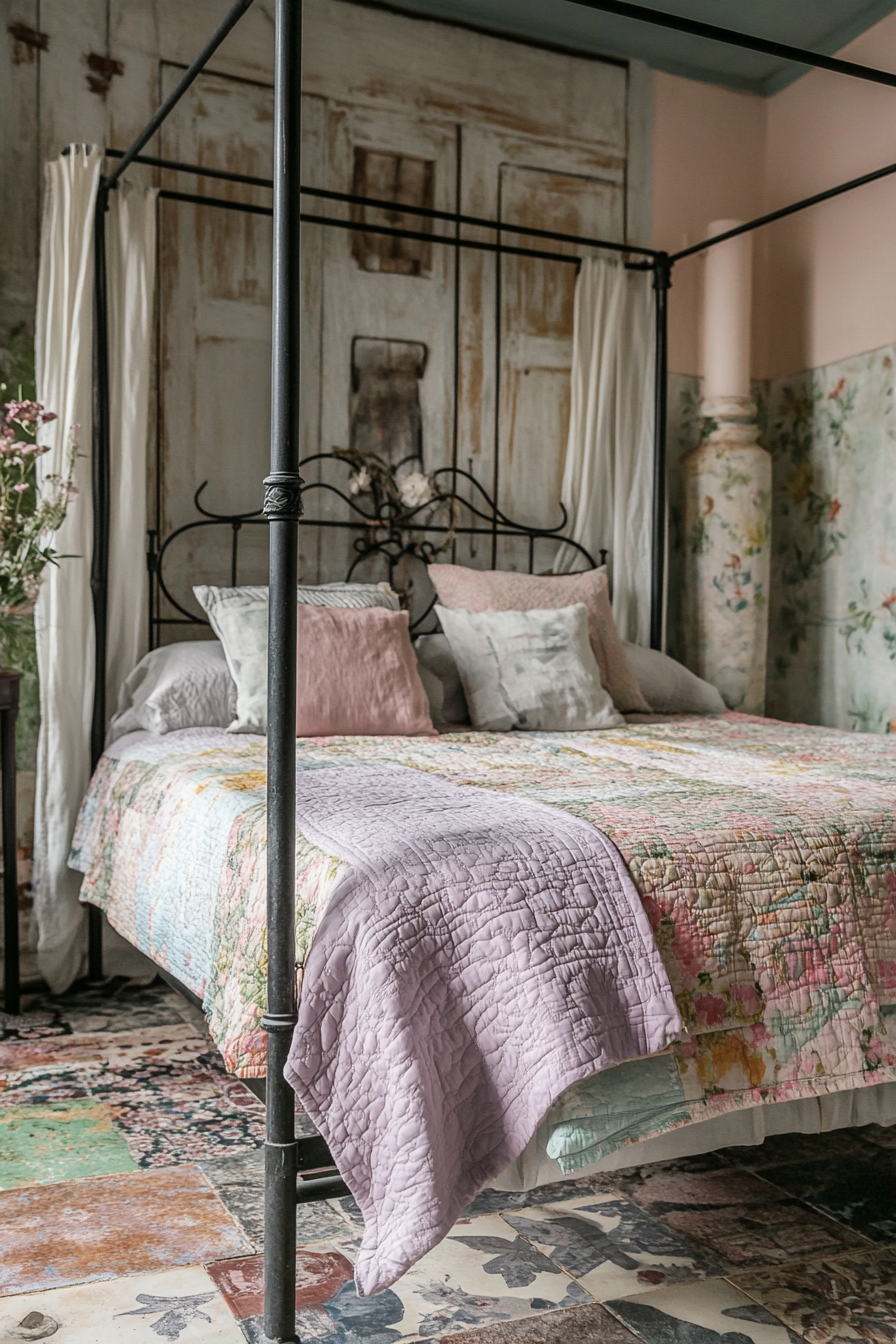 Cottagecore-Industrial Bedroom. Iron four-poster bed with pastel quilt bedding.