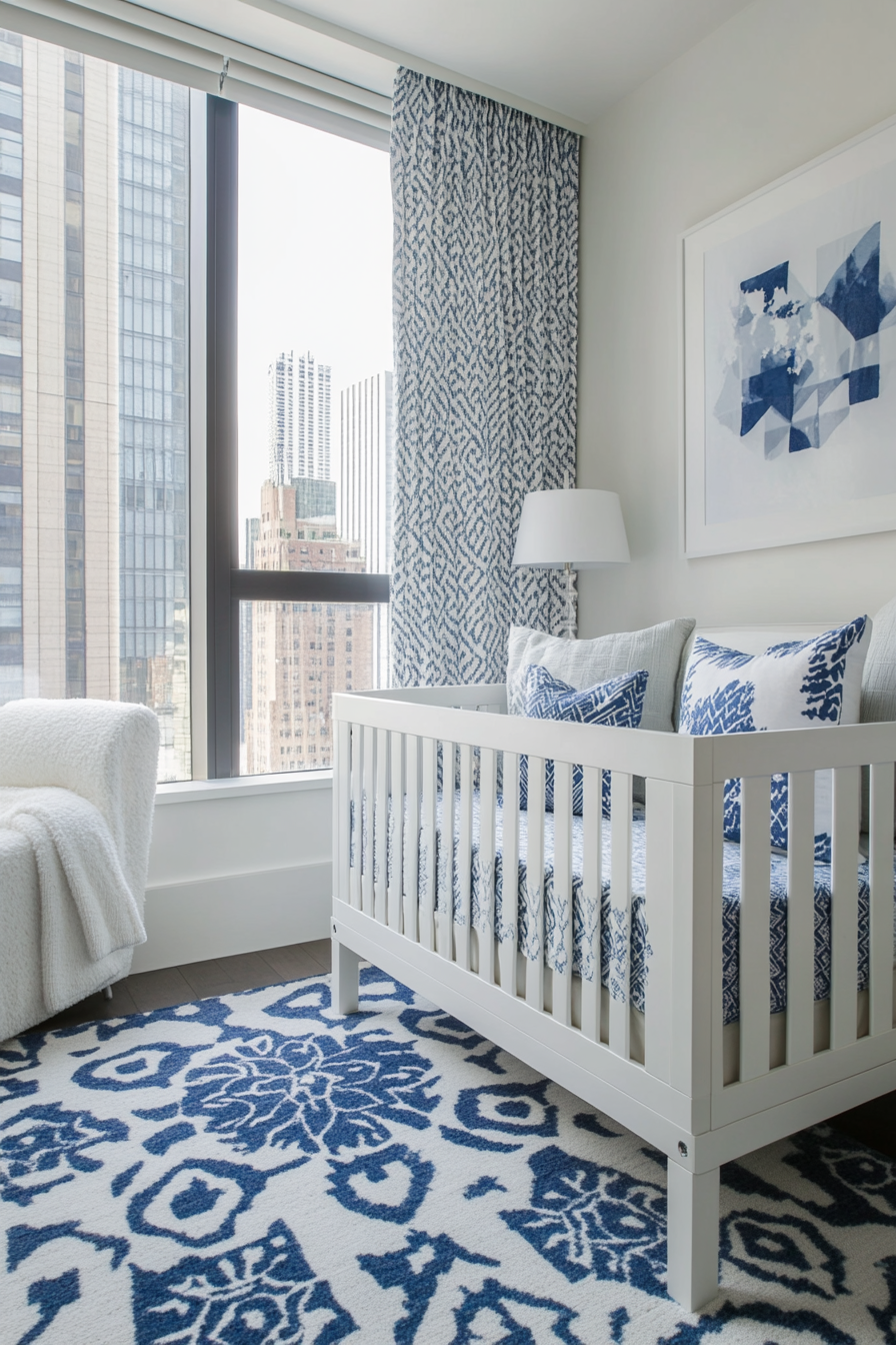 Contemporary baby room. White crib with geometric-patterned blue-and-grey bedding.