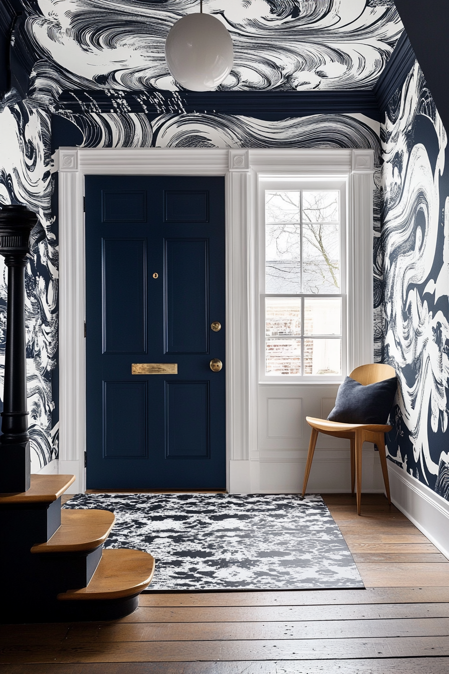 Entryway. Bold pattern wallpaper, scaled-down minimalist furnishings.