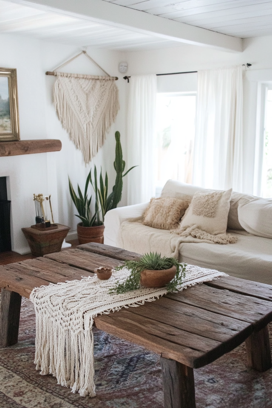 Boho-farmhouse living space. Distressed wooden coffee table draped with macrame table runner.