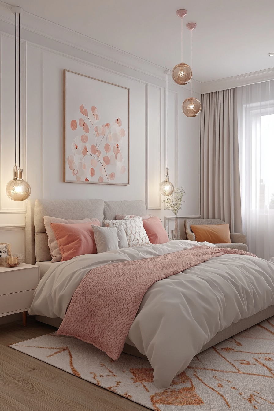 Bedroom design. Scandinavian style with blush pink accents.