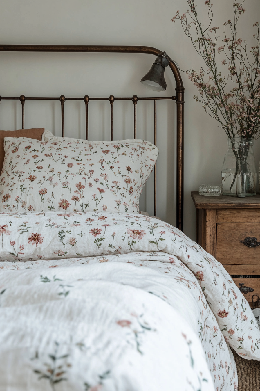 Cottagecore-Industrial Bedroom. Reclaimed oak bedframe paired with flowery cotton bedding.