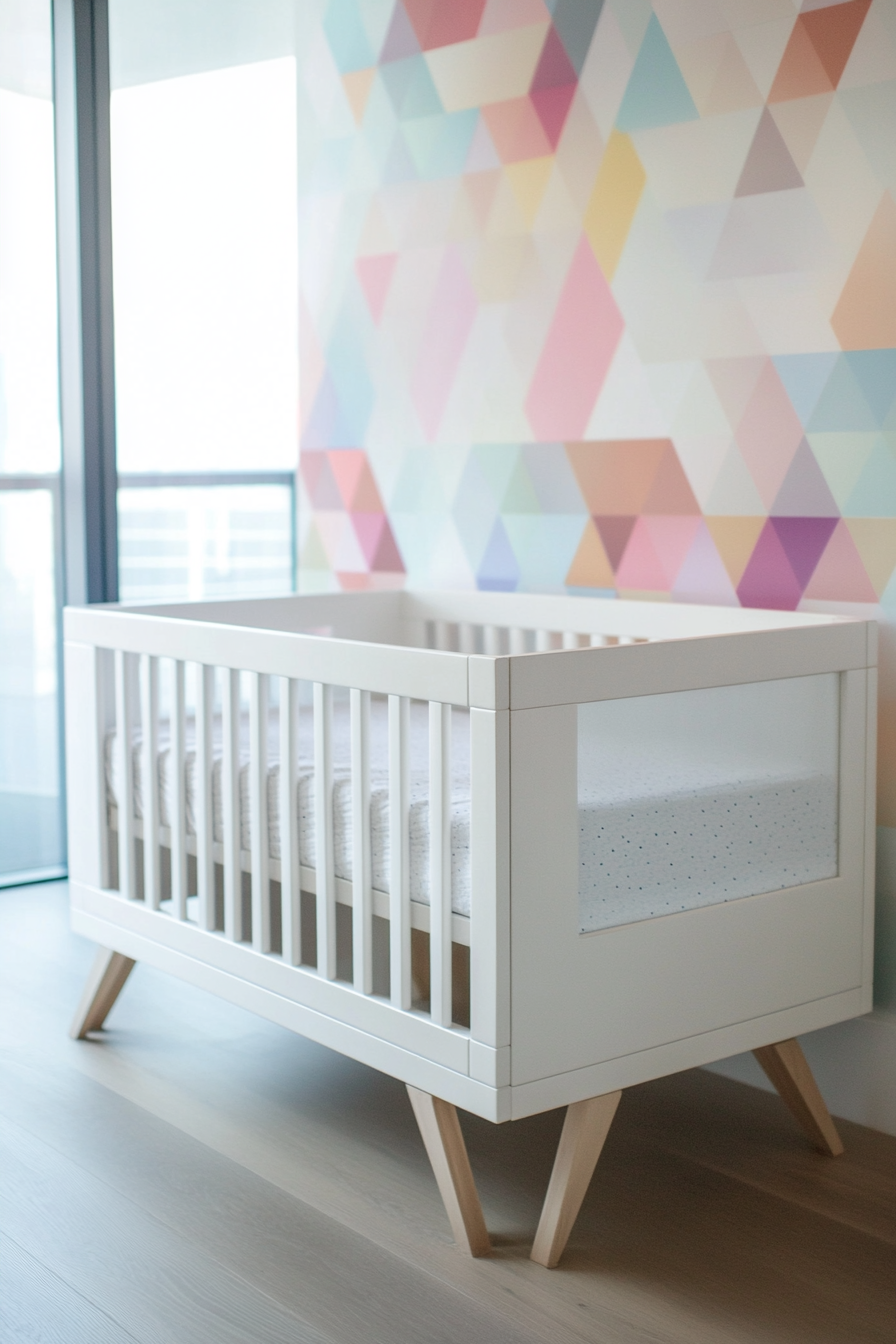 Contemporary baby room. White maple crib with pastel geometric wallpaper.