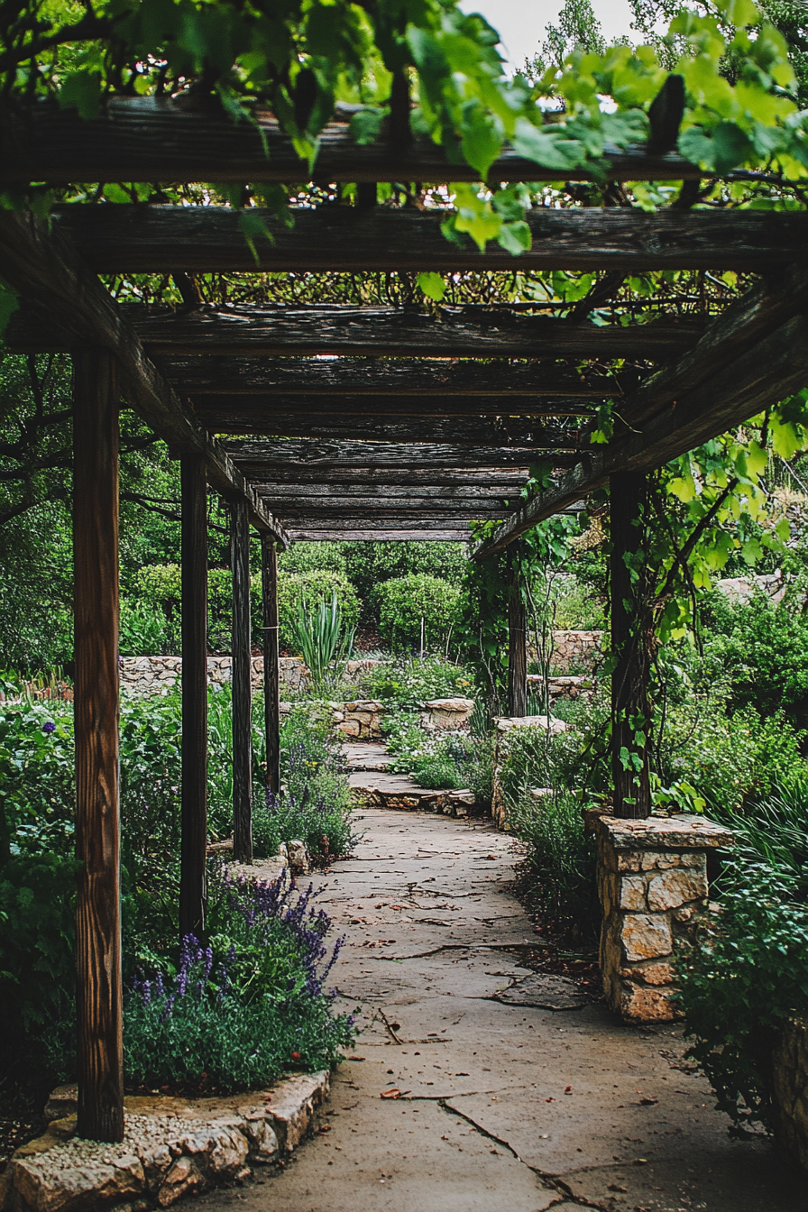 Backyard garden retreat. Rustic wooden pergola decked with lush green vines.