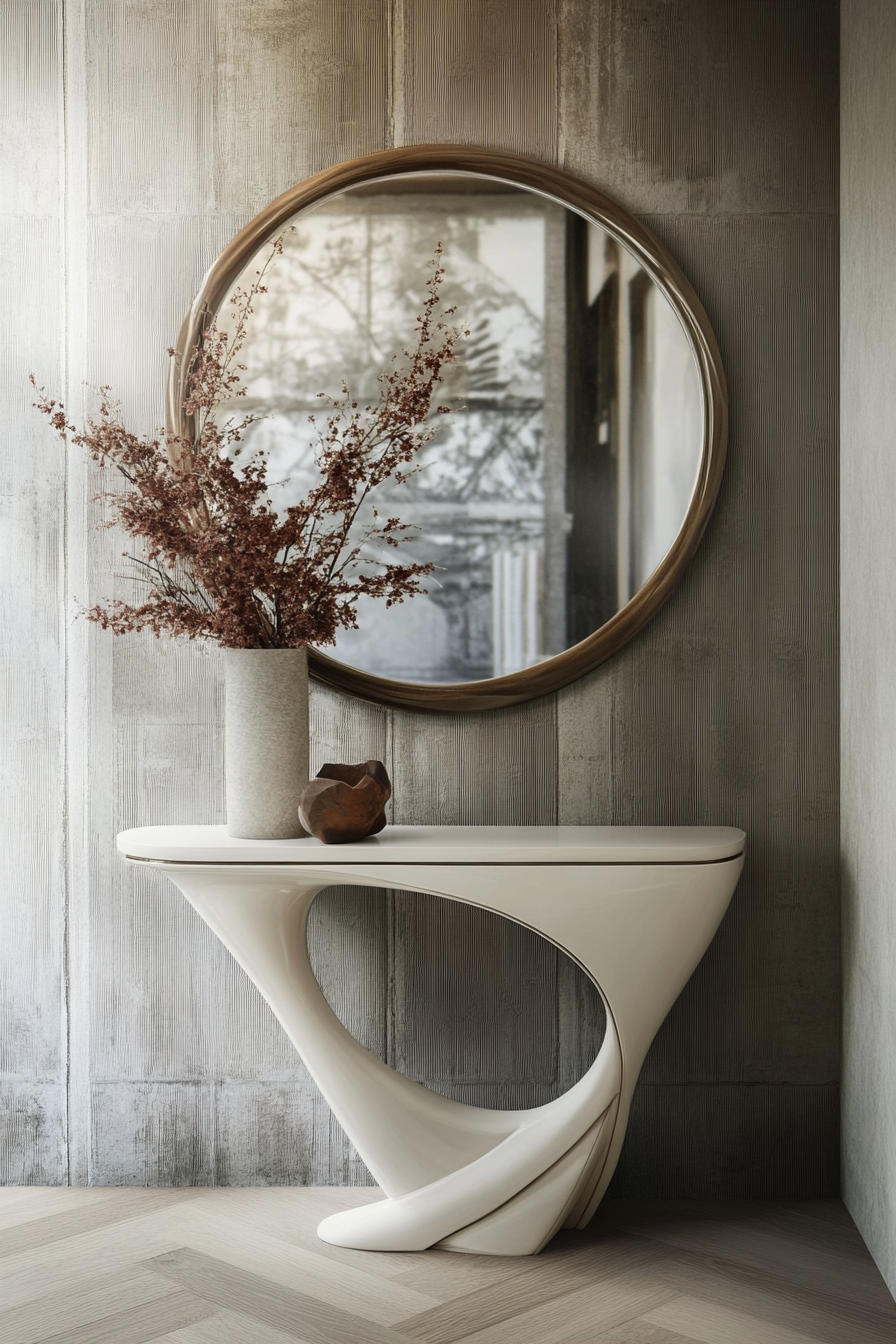 Maximalist-Minimalist Entryway. Round mirror with a sleek white console table.