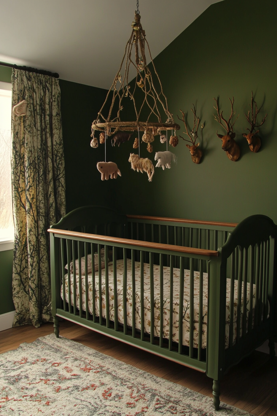 Woodland nursery. Moss green crib with animal-themed mobile.