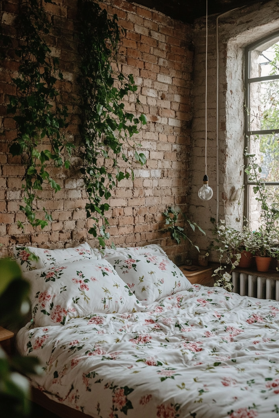 Cottagecore-Industrial Bedroom. Exposed brick wall with ivy and floral bedsheets.