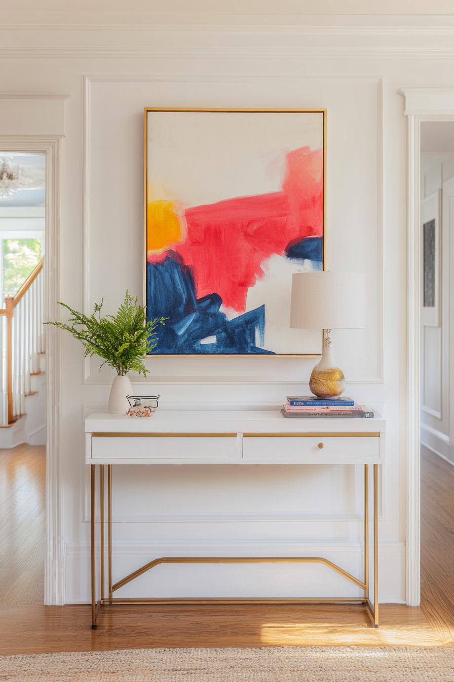 Maximalist-Minimalist Entryway. White console table with a bold, multi-color abstract painting above.